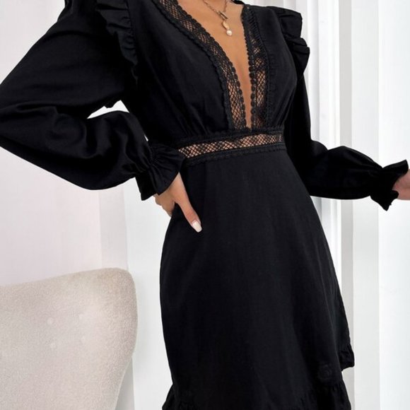 Plunging Neck Lace Ruffle Long Sleeve Mini Dress Black - Picture 10 of 12